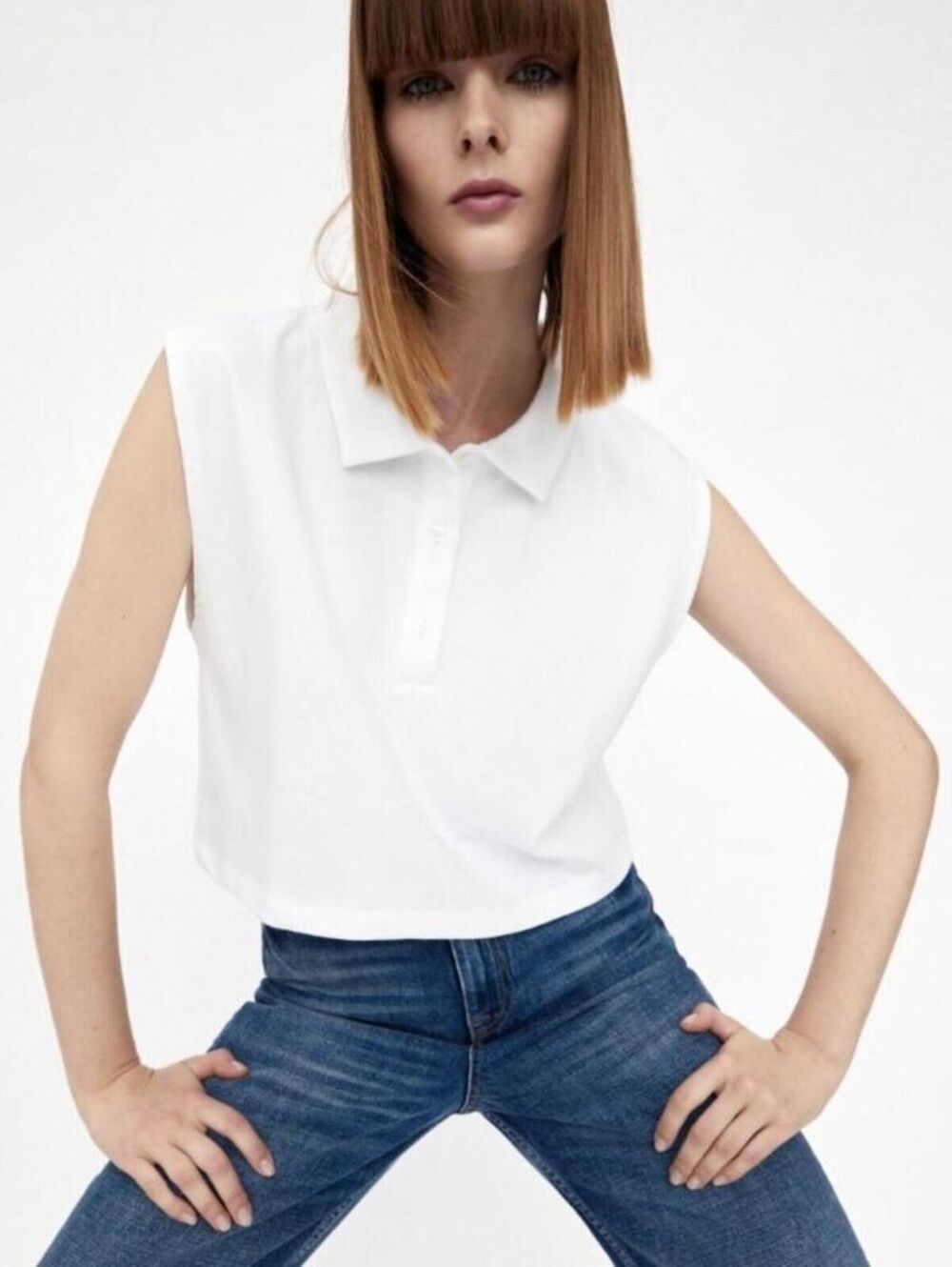 ZARA 100% Cotton White Cropped Polo Top Large